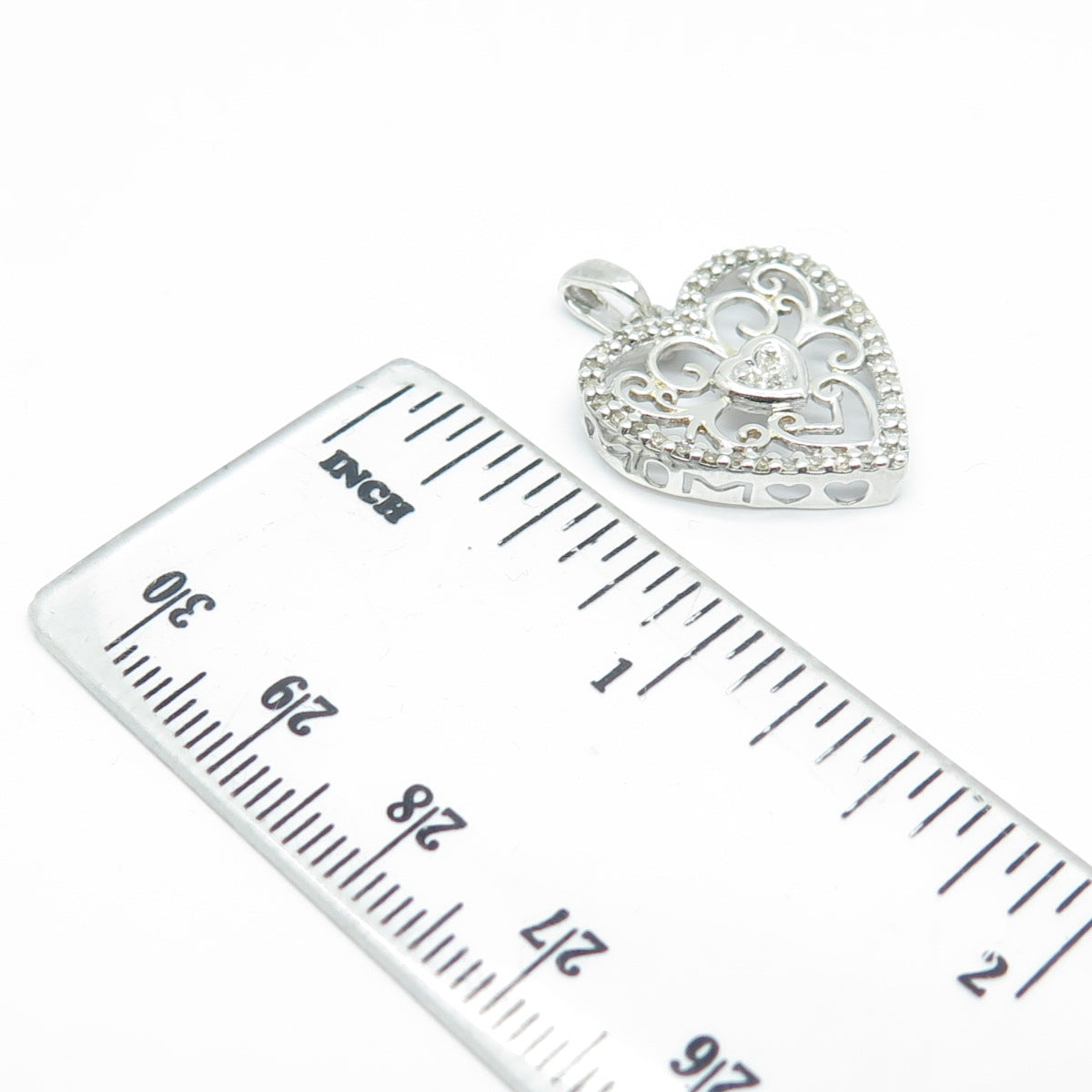 925 Sterling Silver Real Round-Cut White Diamond Ornate Heart Pendant