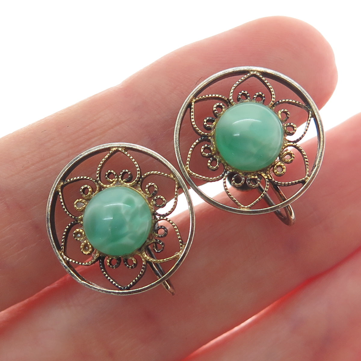 925 Sterling Silver Gold Plated Antique Real Agate Filigree Screw Back Earrings