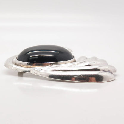 925 Sterling Silver Vintage Mexico Real Black Gem Ribbed Modernist Pin Brooch