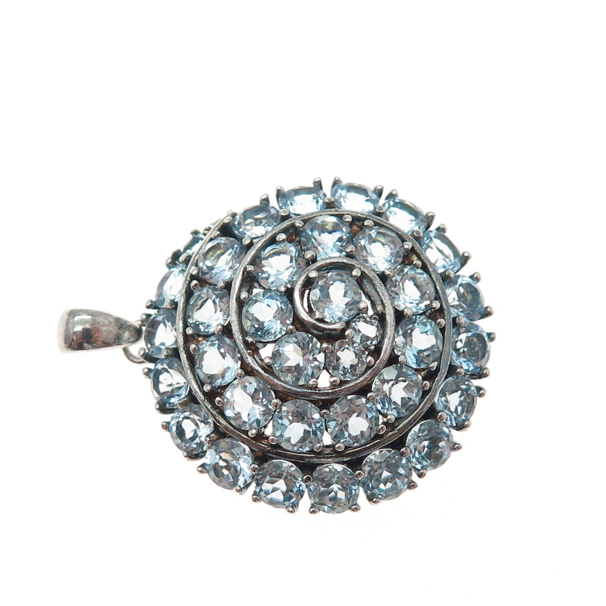 925 Sterling Silver Vintage Real Round-Cut Blue Topaz Spiral Charm Pendant