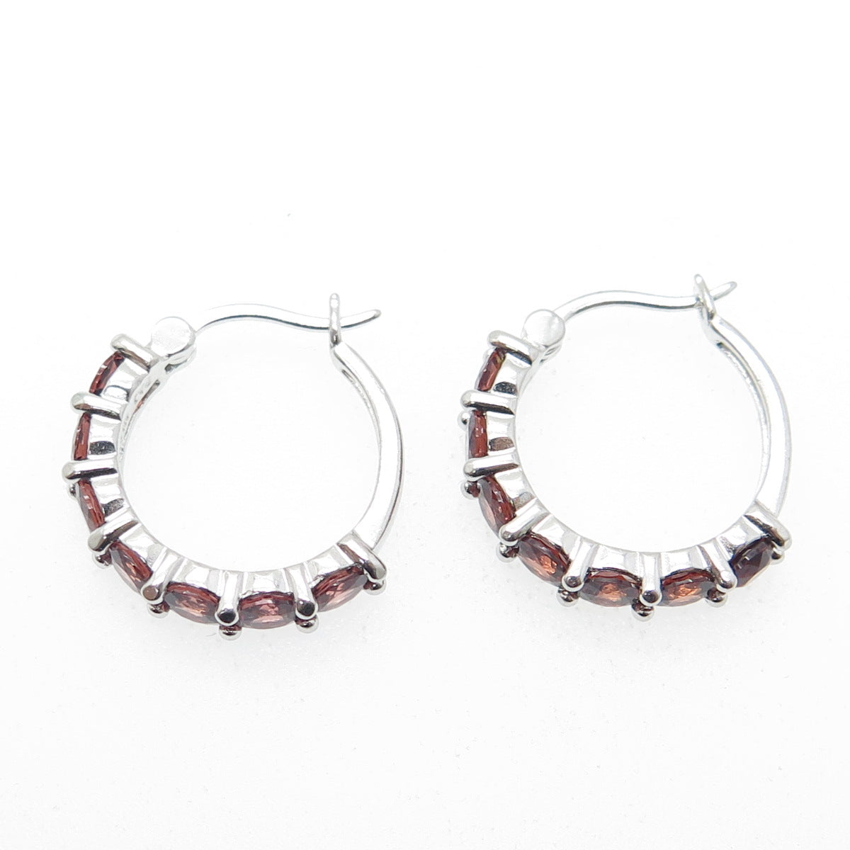 925 Sterling Silver Real Round-Cut Red Garnet Hoop Earrings