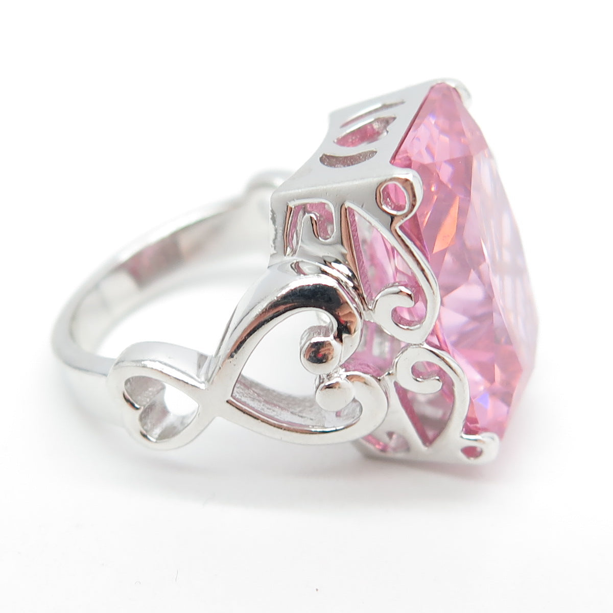 925 Sterling Silver Pink C Z Heart Ornate Statement Ring Size 7.25