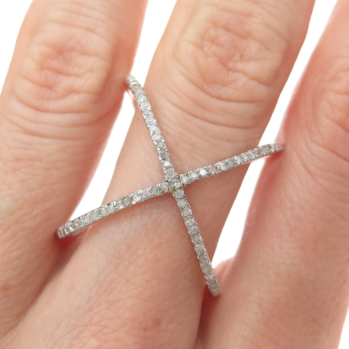 DBJ DEE BERKLE Sterling Silver Real Round-Cut Diamond Crisscross Ring Size 9.25