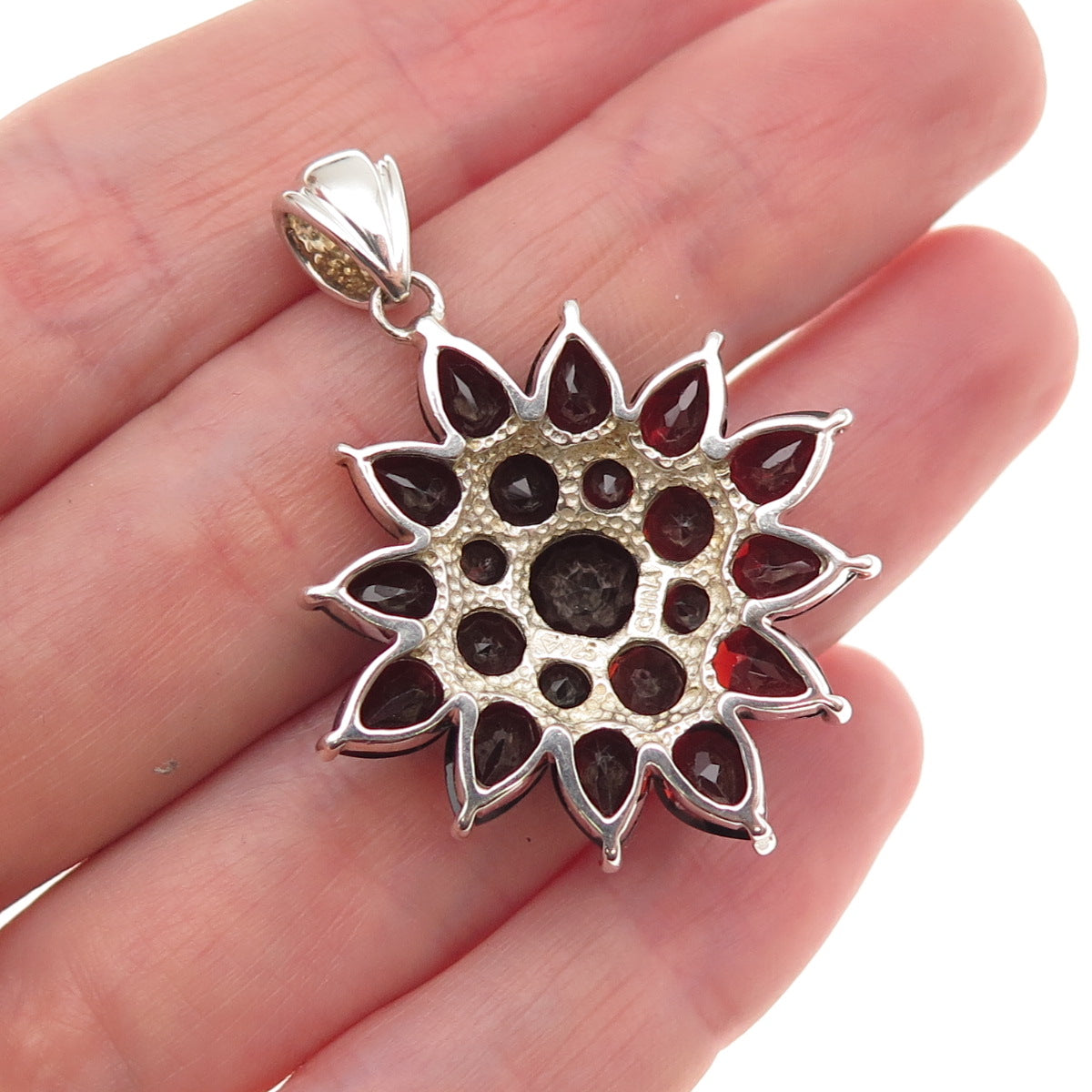 925 Sterling Silver Vintage Real Red Garnet Floral Charm Pendant