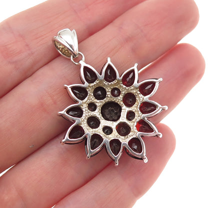 925 Sterling Silver Vintage Real Red Garnet Floral Charm Pendant