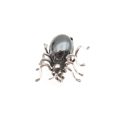 835 Silver Antique Art Deco Real Hematite Spider Oxidized 3D Mini Pin Brooch