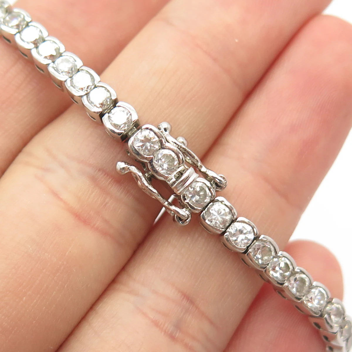 925 Sterling Silver Vintage C Z Round Tennis Link Bracelet 7"