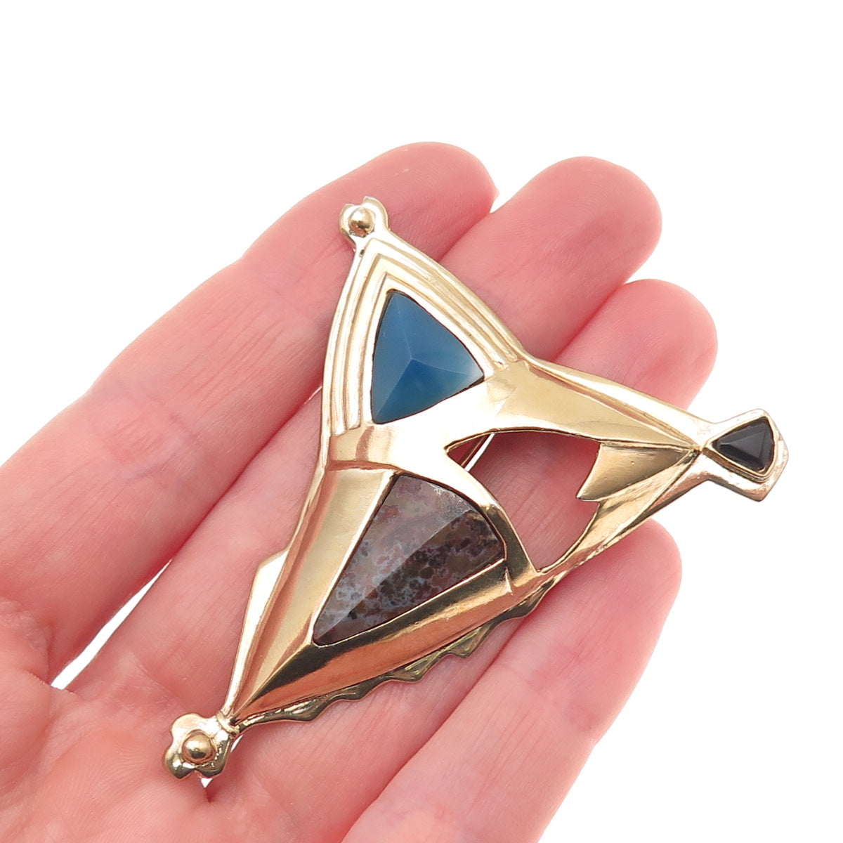925 Sterling Silver Gold Plated Vintage Real Agate & Onyx Modernist Pin Brooch