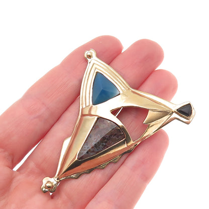 925 Sterling Silver Gold Plated Vintage Real Agate & Onyx Modernist Pin Brooch