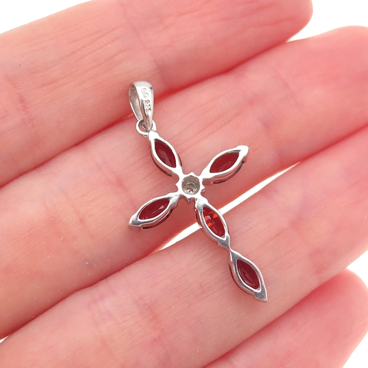 925 Sterling Silver Real Diamond Accent & Red Garnet Cross Charm Pendant
