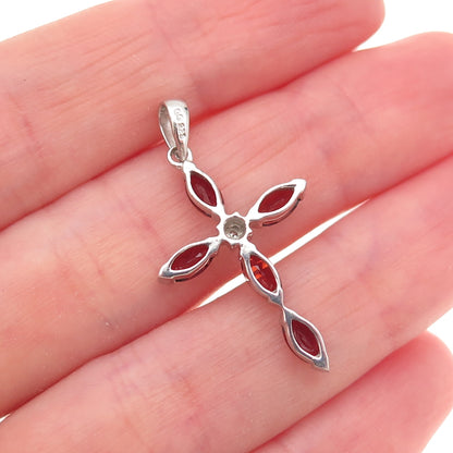 925 Sterling Silver Real Diamond Accent & Red Garnet Cross Charm Pendant