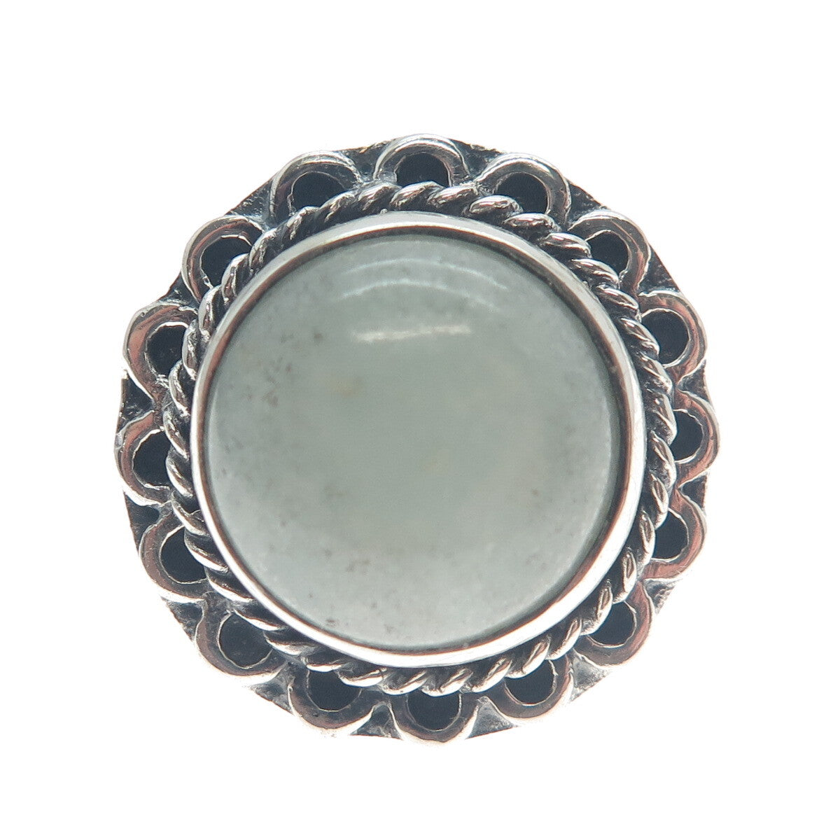 925 Sterling Silver Vintage Real Jade Flower Oxidized Ring Size 7.25