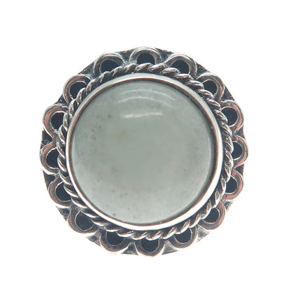 925 Sterling Silver Vintage Real Jade Flower Oxidized Ring Size 7.25