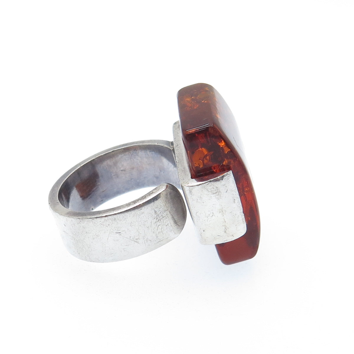 925 Sterling Silver Vintage Real Amber Modernist Oxidized Ring Size 8.25