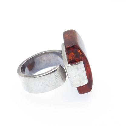 925 Sterling Silver Vintage Real Amber Modernist Oxidized Ring Size 8.25