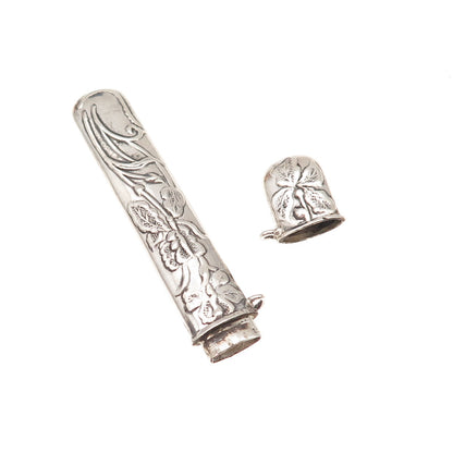 925 Sterling Silver Vintage Floral Repousse Oxidized Needle Case