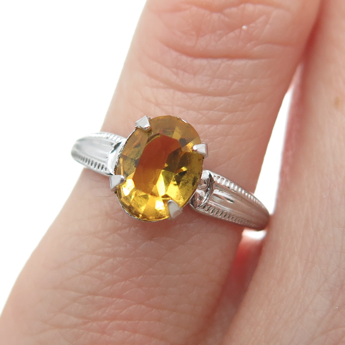 925 Sterling Silver Antique Art Deco B-G Real Oval-Cut Citrine Ring Size 5