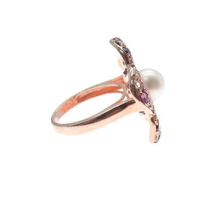 CLYDE DUNEIER Sterling Silver Rose Gold Plated Real Pearl & Muti-Gem Ring Size 7
