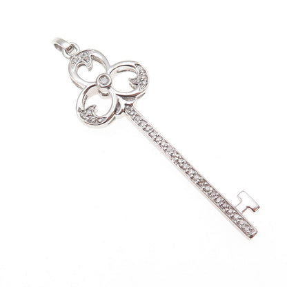 925 Sterling Silver Real Round-Cut Diamond Club Key Charm Pendant