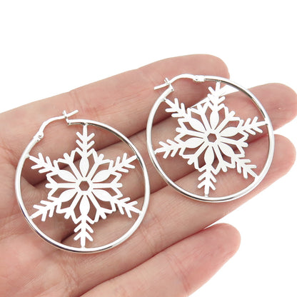 925 Sterling Silver Snowflake Hoop Earrings