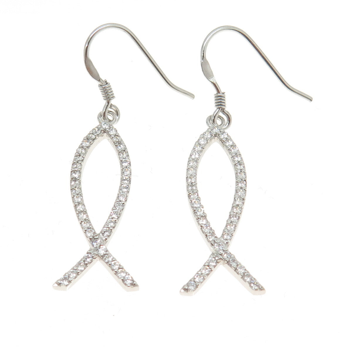 925 Sterling Silver Round-Cut Shaped C Z Ichthys Fish Dangling Hook Earrings