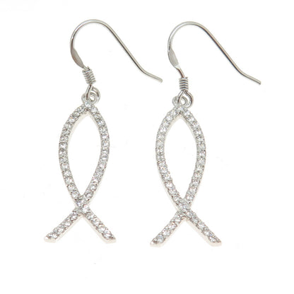 925 Sterling Silver Round-Cut Shaped C Z Ichthys Fish Dangling Hook Earrings