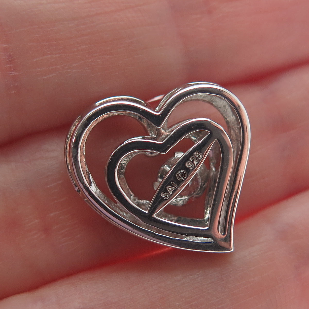 SAI 925 Sterling Silver 2-Tone Round-Cut Shaped C Z Double Heart Slide Pendant