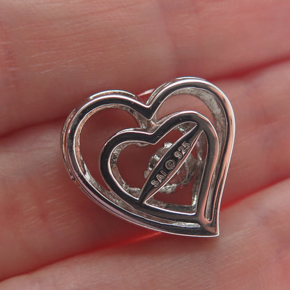 SAI 925 Sterling Silver 2-Tone Round-Cut Shaped C Z Double Heart Slide Pendant