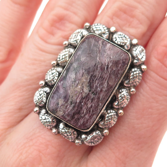 925 Sterling Silver Vintage Real Sugilite Modernist Oxidized Ring Size 8.75
