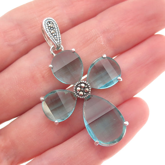 925 Sterling Silver Vintage Real Marcasite & Blue C Z Cross Charm Pendant