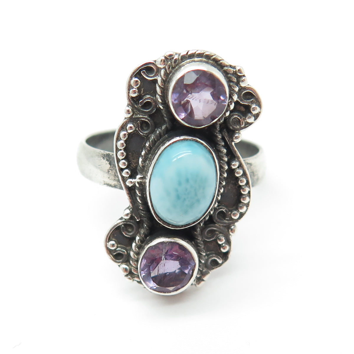 925 Sterling Silver Vintage Real Larimar & Amethyst Oxidized Ring Size 7.25