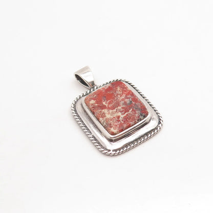 925 Sterling Silver Vintage Real Agate Gem Twisted Square Pendant