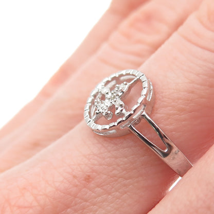 925 Sterling Silver Real Round-Cut Diamond Fleur de Lis Ring Size 7