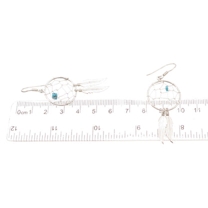 Old Pawn 925 Sterling Silver Vintage Turquoise Dreamcatcher Dangle Earrings