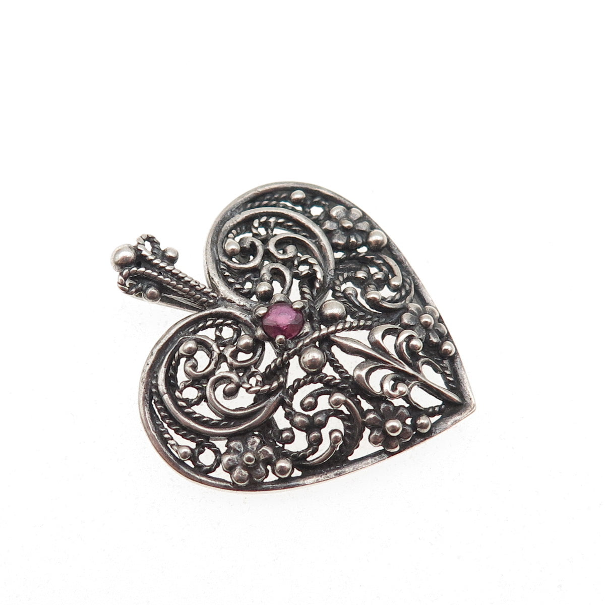 Franklin Mint 925 Sterling Vintage 1983 Real Ruby Heart Oxidized Charm Pendant