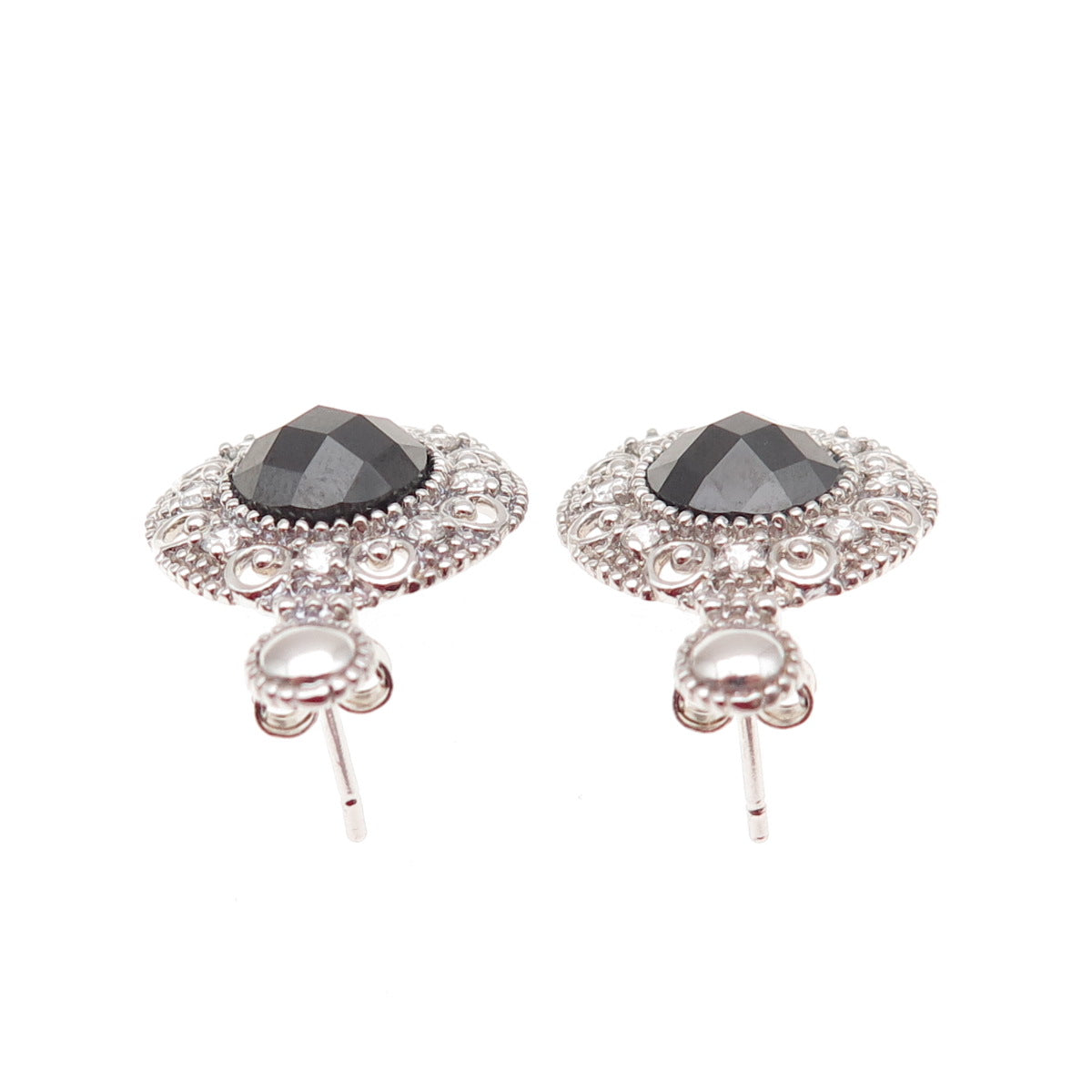 925 Sterling Silver Real Black Spinel & C Z Dangle Earrings