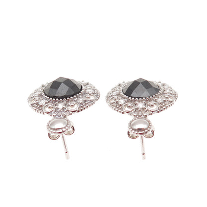 925 Sterling Silver Real Black Spinel & C Z Dangle Earrings
