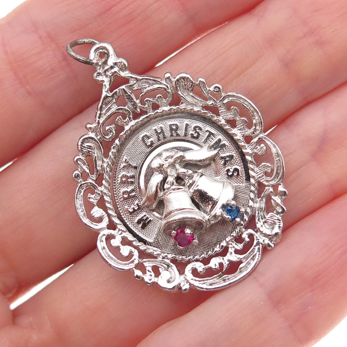 925 Sterling Silver Vintage Rhinestone Merry Christmas Bells Charm Pendant