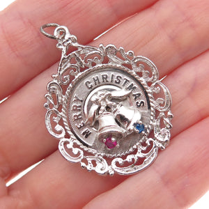 925 Sterling Silver Vintage Rhinestone Merry Christmas Bells Charm Pendant