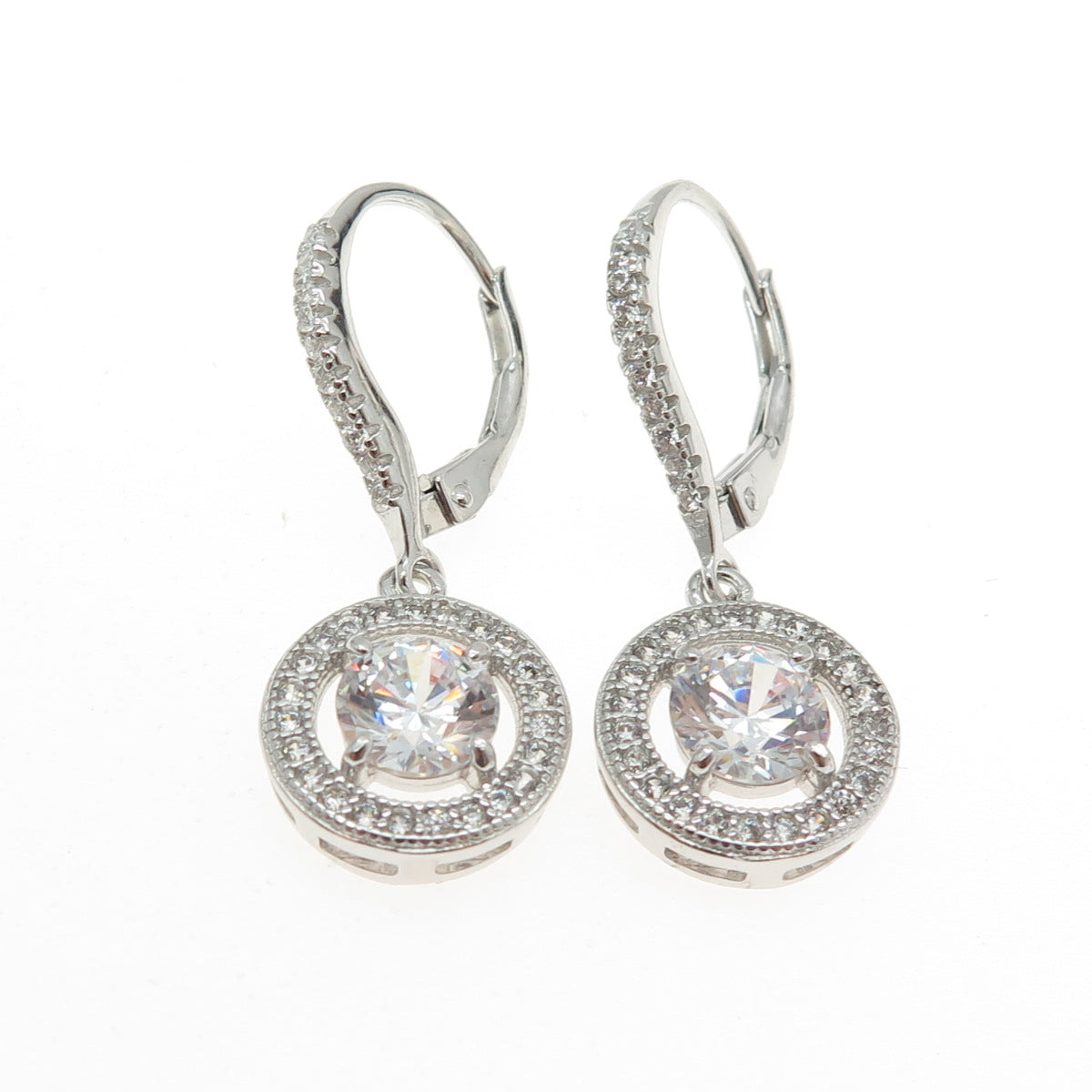 925 Sterling Silver Round-Cut C Z Circle Dangling Earrings