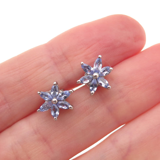 Chuck Clemency Sterling Silver Real Marquise-Cut Tanzanite Floral Stud Earrings