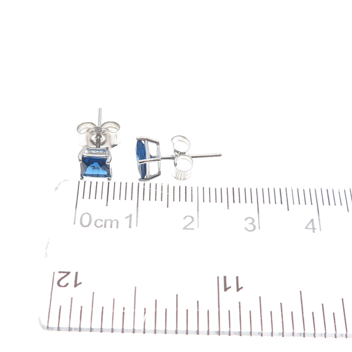 925 Sterling Silver Princess-Cut Dark Blue C Z Stud Earrings