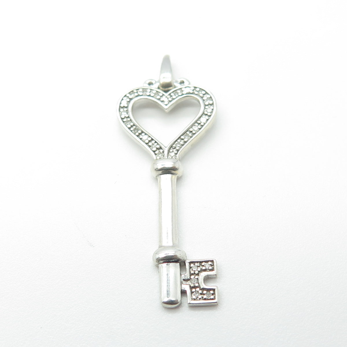 925 Sterling Silver Real Round-Cut White Diamond Heart Key Pendant