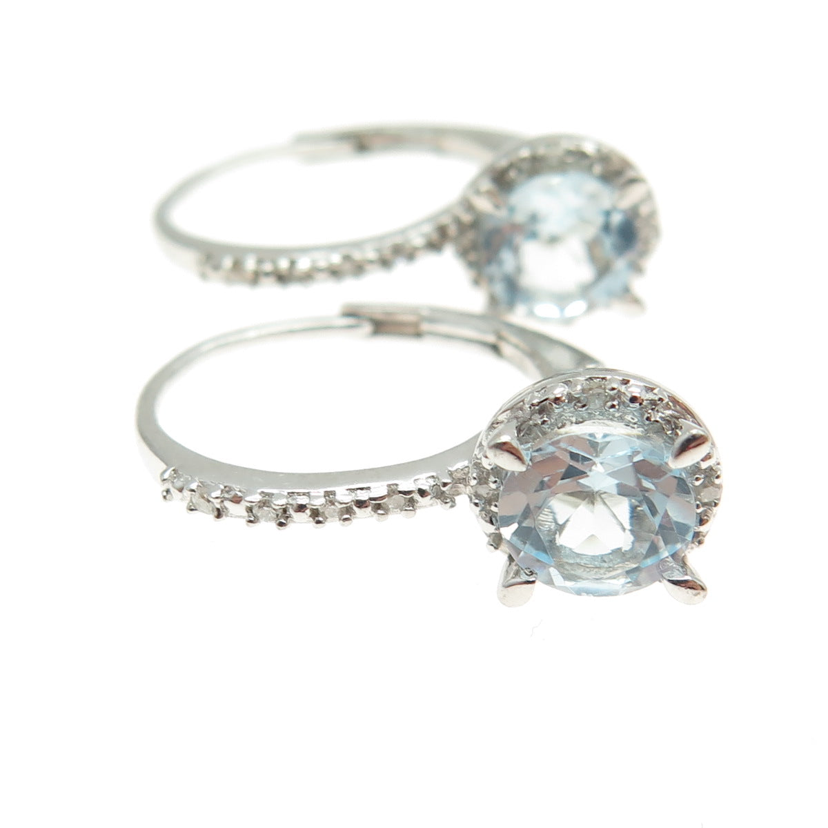 925 Sterling Silver Real Round-Cut Diamond & Blue Topaz Earrings