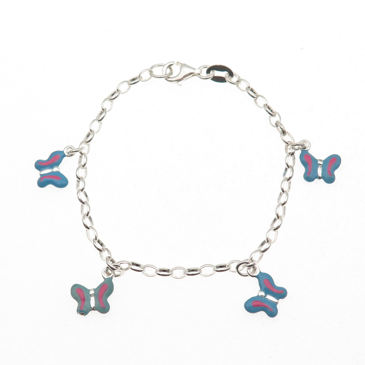 925 Sterling Silver Enamel Butterfly Dangle Charm Oval Link Bracelet 6"