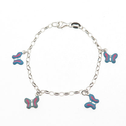 925 Sterling Silver Enamel Butterfly Dangle Charm Oval Link Bracelet 6"