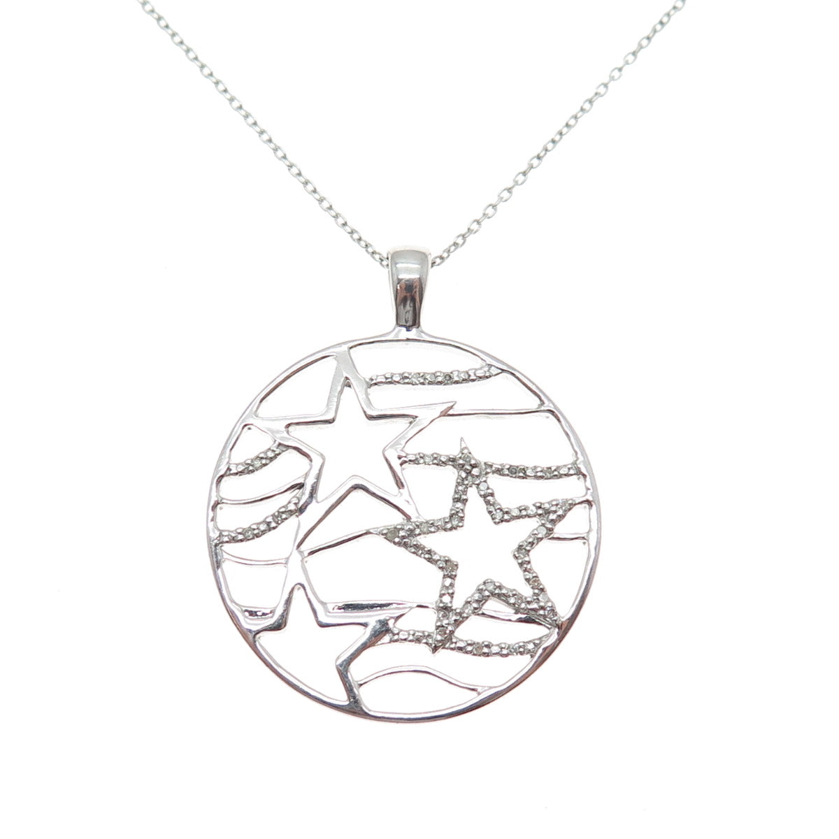 925 Sterling Silver Real Diamond Star Celestial Cable Chain Necklace 16-18"