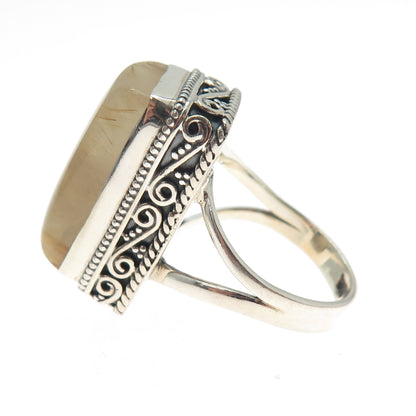 925 Sterling Silver Vintage Real Rutilated Quartz Swirl Oxidized Ring Size 8