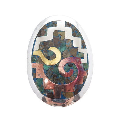 925 Sterling Silver 3-Tone Vintage Mexico Real Azurite Pin Brooch / Pendant