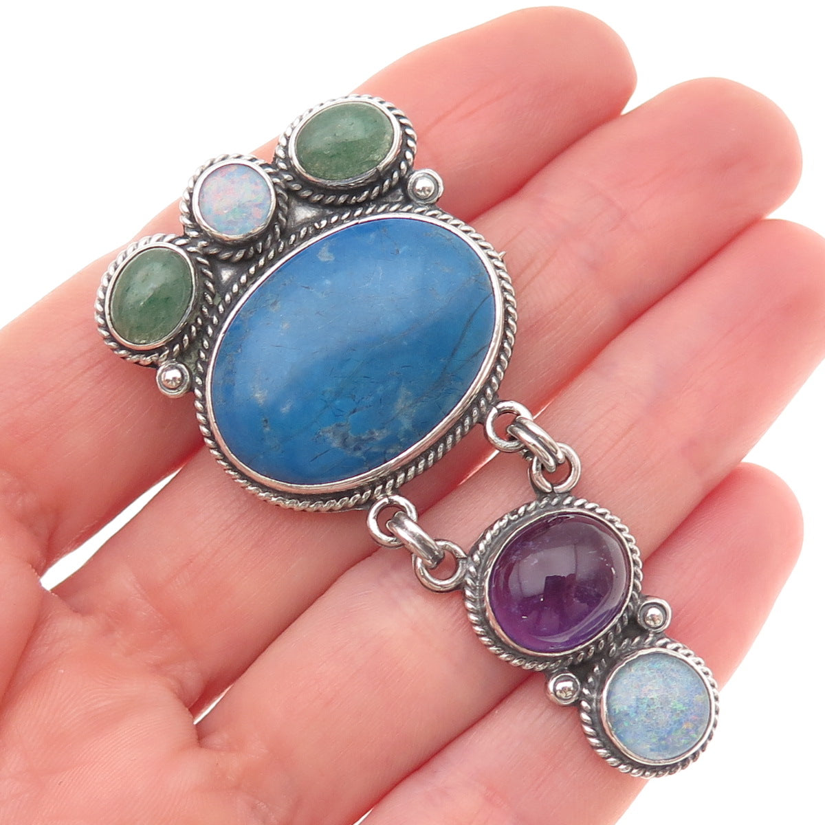 925 Sterling Silver Vintage Mexico Real Lapis Opal Amethyst & Jade Pin Pendant